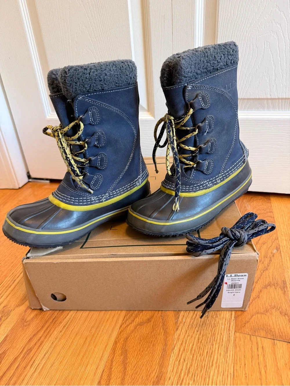 L.L. Bean Kids Navy Winter Boots with bright Green Trim